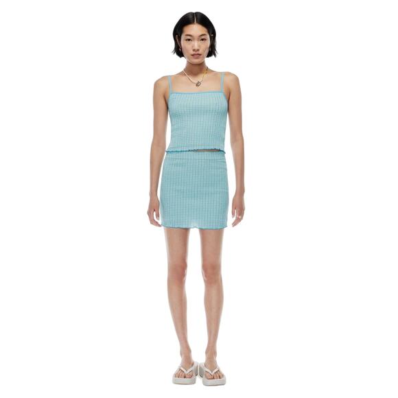 NEW Aritzia Wilfred Reunion Blue Plaid Checkered Bodycon Tube Mini Skirt Size S - Picture 2 of 13